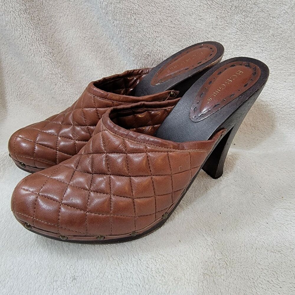 BCBGirls MANILL Brown Leather Quilted Platform Clogs Heels Womens Sz 10M